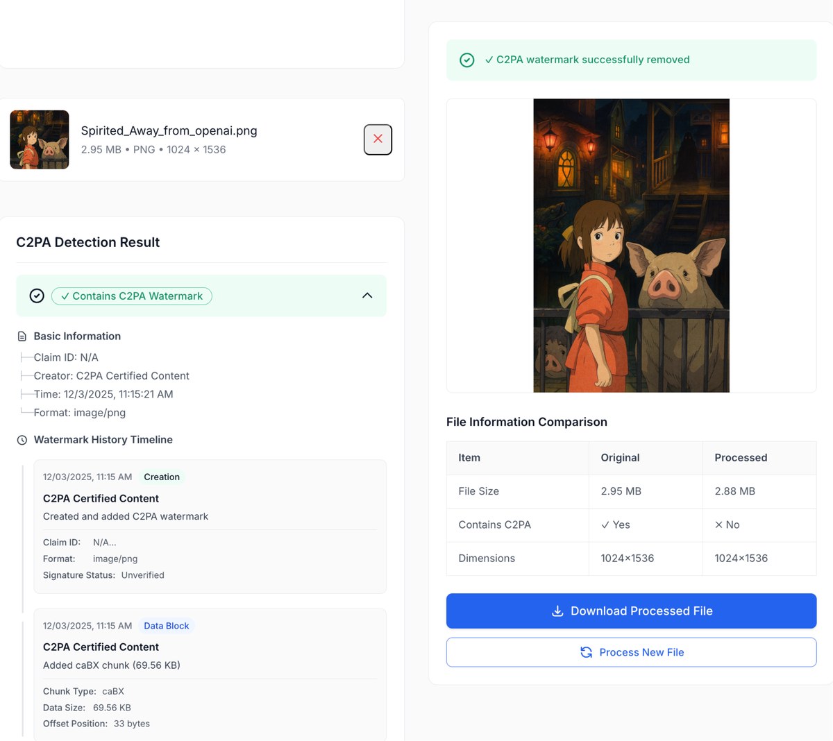 C2PA watermark detection and removal tool interface showing before and after comparison with timeline visualization